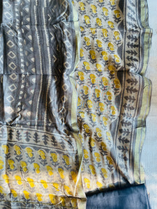 BLOCK PRINTED BOOTIES CHANDERI UNSTITCHED SUIT SET- GRAY & YELLOW