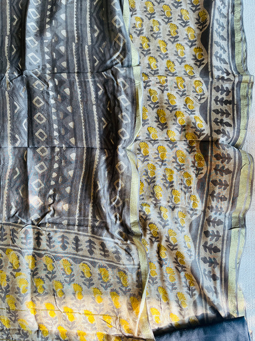 BLOCK PRINTED BOOTIES CHANDERI UNSTITCHED SUIT SET- GRAY & YELLOW