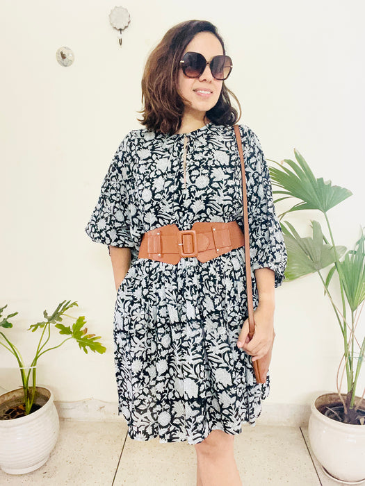 BLACK & WHITE HAND BLOCK PRINTED MULMUL SWING DRESS