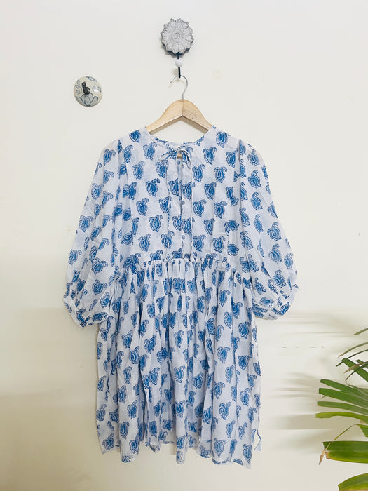 "BLUE & WHITE PAISLEY" HAND BLOCK PRINTED MULMUL SWING DRESS