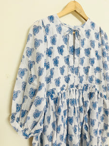 "BLUE & WHITE PAISLEY" HAND BLOCK PRINTED MULMUL SWING DRESS