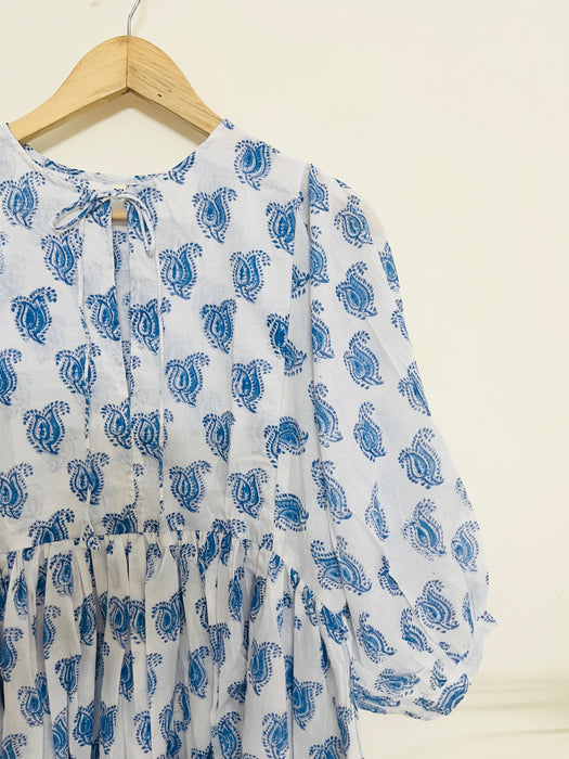 "BLUE & WHITE PAISLEY" HAND BLOCK PRINTED MULMUL SWING DRESS