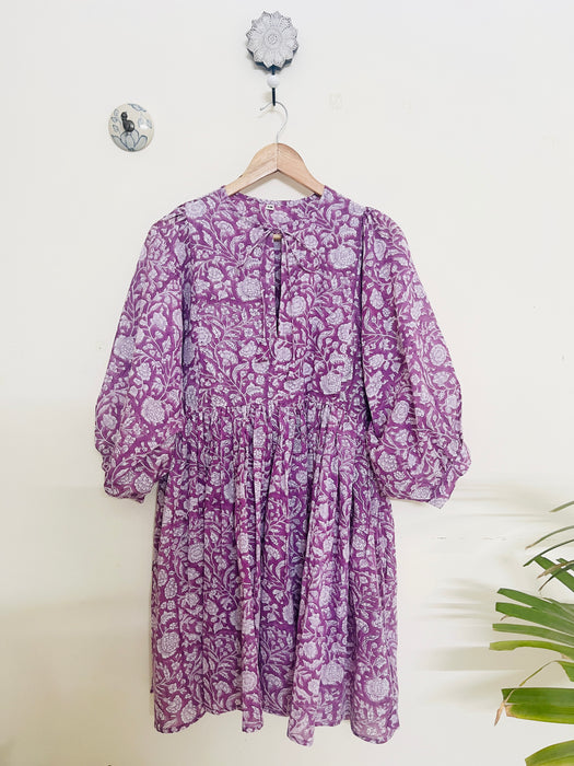 SUNSET PURPLE HAND BLOCK PRINTED MULMUL SWING DRESS