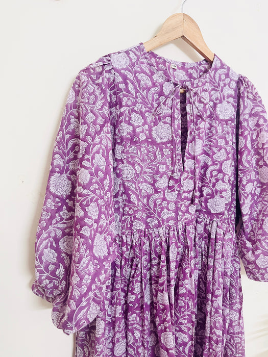 SUNSET PURPLE HAND BLOCK PRINTED MULMUL SWING DRESS