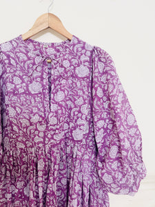 SUNSET PURPLE HAND BLOCK PRINTED MULMUL SWING DRESS