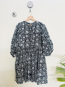 BLACK & WHITE HAND BLOCK PRINTED MULMUL SWING DRESS