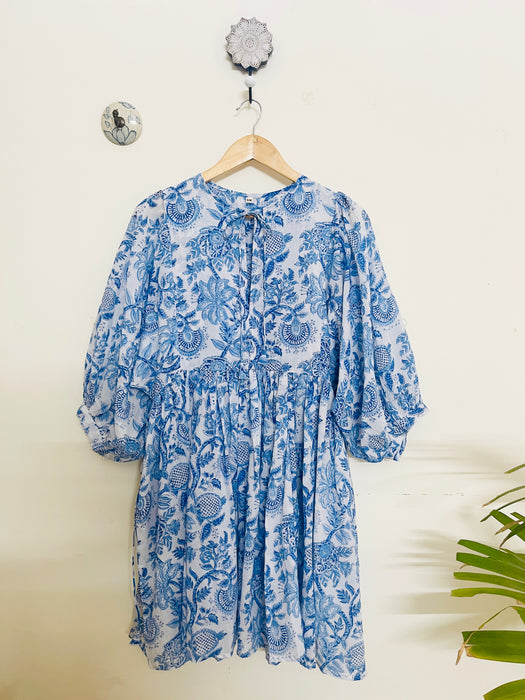 "BLUE & WHITE CHINTZ" HAND BLOCK PRINTED MULMUL SWING DRESS