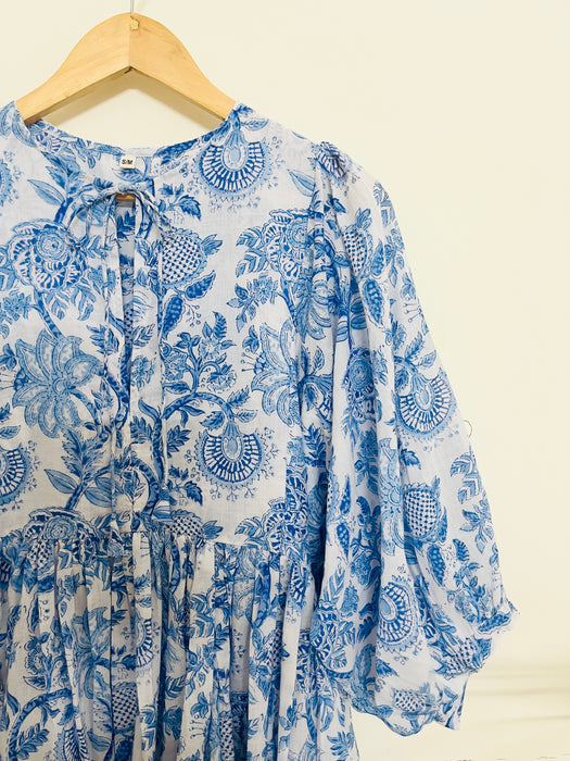 "BLUE & WHITE CHINTZ" HAND BLOCK PRINTED MULMUL SWING DRESS