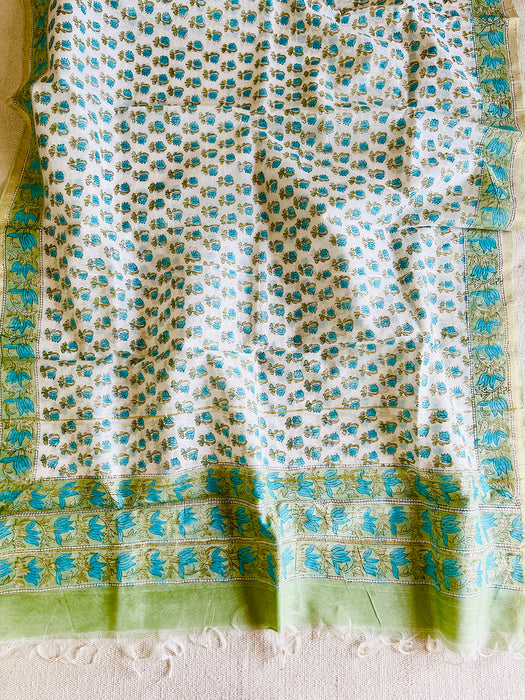 CHANDERI OFF-WHITE & TURQUOISE DUPATTA