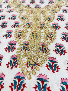 GOTA-PATTI EMBROIDERY UNSTITCHED COTTON FABRIC 2.5 MTR (WHITE & PINK)