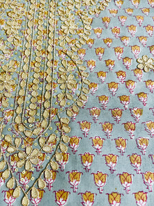 GOTA-PATTI EMBROIDERY UNSTITCHED COTTON FABRIC 2.5 MTR (GRAY & MUSTARD)