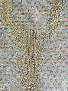 GOTA-PATTI EMBROIDERY UNSTITCHED COTTON FABRIC 2.5 MTR (GRAY & MUSTARD)