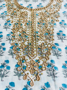 GOTA-PATTI EMBROIDERY UNSTITCHED COTTON FABRIC 2.5 MTR (WHITE & BLUE)