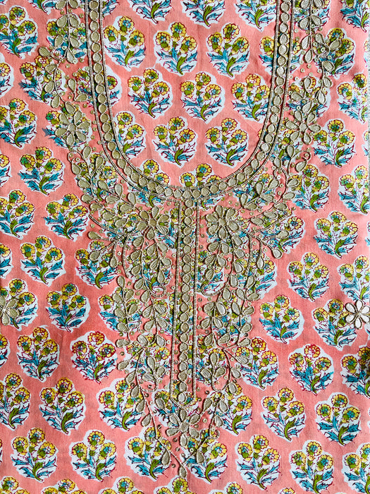 GOTA-PATTI EMBROIDERY UNSTITCHED COTTON FABRIC 2.5 MTR (CORAL)