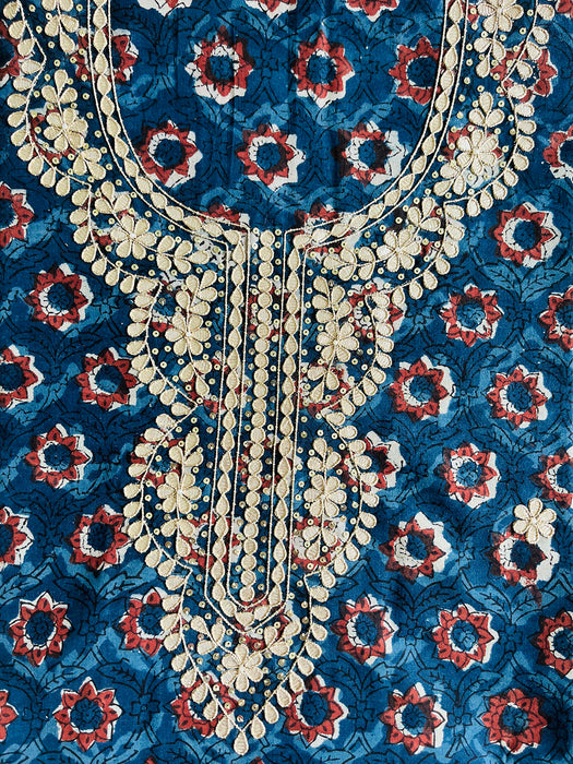 GOTA-PATTI EMBROIDERY UNSTITCHED COTTON FABRIC 2.5 MTR (INDIGO & MAROON)