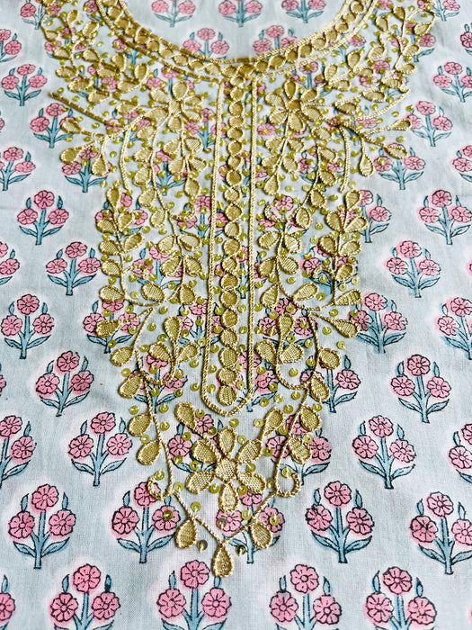 GOTA-PATTI EMBROIDERY UNSTITCHED COTTON FABRIC 2.5 MTR (PASTEL BLUE & PINK)