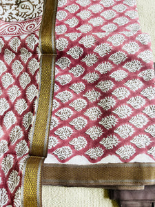 BLOCK PRINTED UNSTITCHED COTTON SUIT WITH RESHAM BORDER-ROSEWOOD