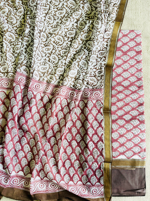 BLOCK PRINTED UNSTITCHED COTTON SUIT WITH RESHAM BORDER-ROSEWOOD