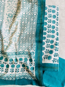 BLOCK PRINTED UNSTITCHED COTTON SUIT WITH RESHAM BORDER-TEAL