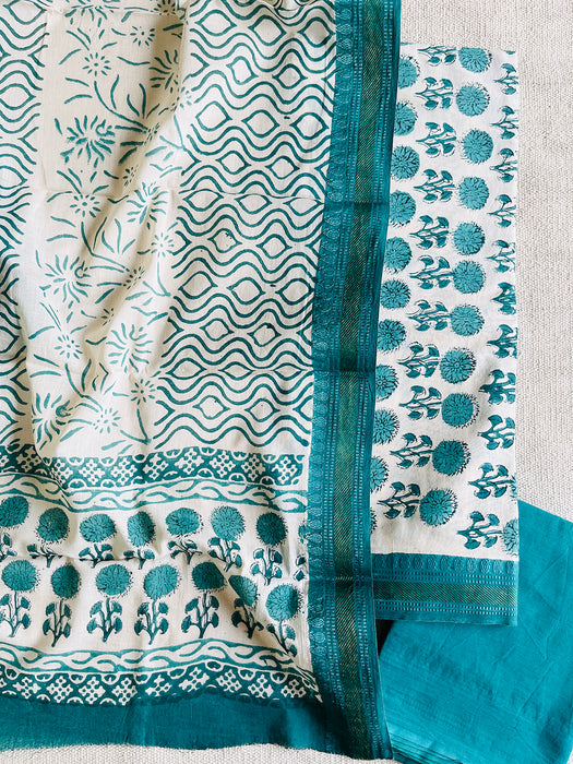 BLOCK PRINTED UNSTITCHED COTTON SUIT WITH RESHAM BORDER-TEAL