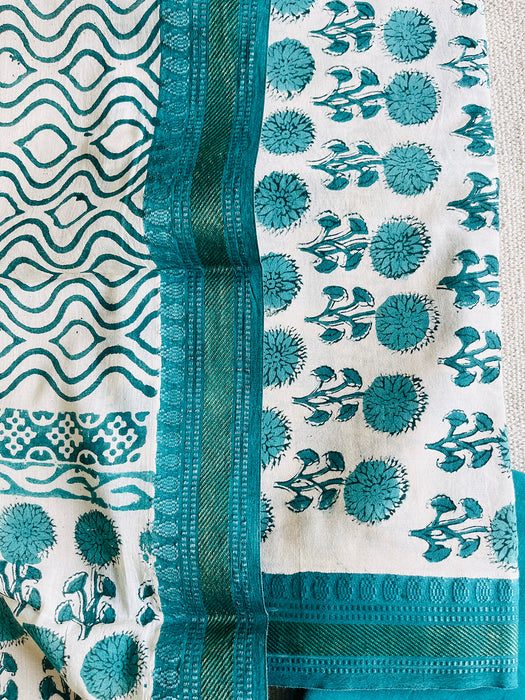 BLOCK PRINTED UNSTITCHED COTTON SUIT WITH RESHAM BORDER-TEAL