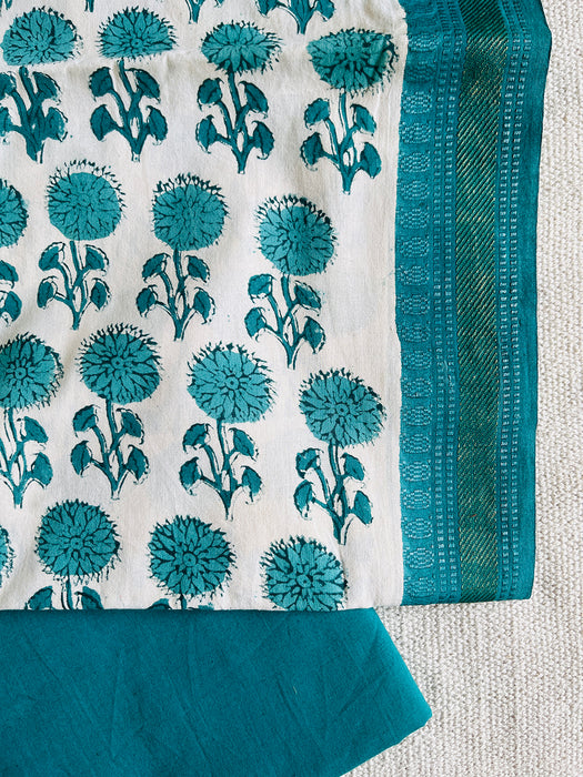 BLOCK PRINTED UNSTITCHED COTTON SUIT WITH RESHAM BORDER-TEAL