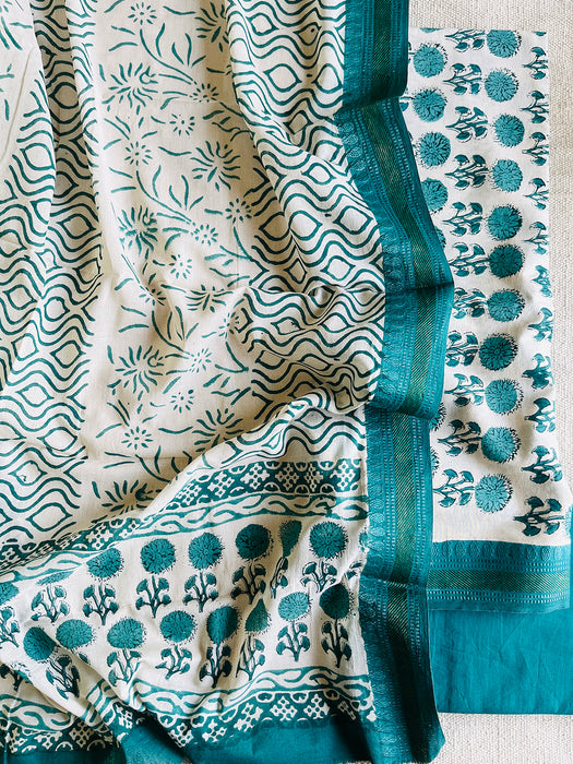 BLOCK PRINTED UNSTITCHED COTTON SUIT WITH RESHAM BORDER-TEAL