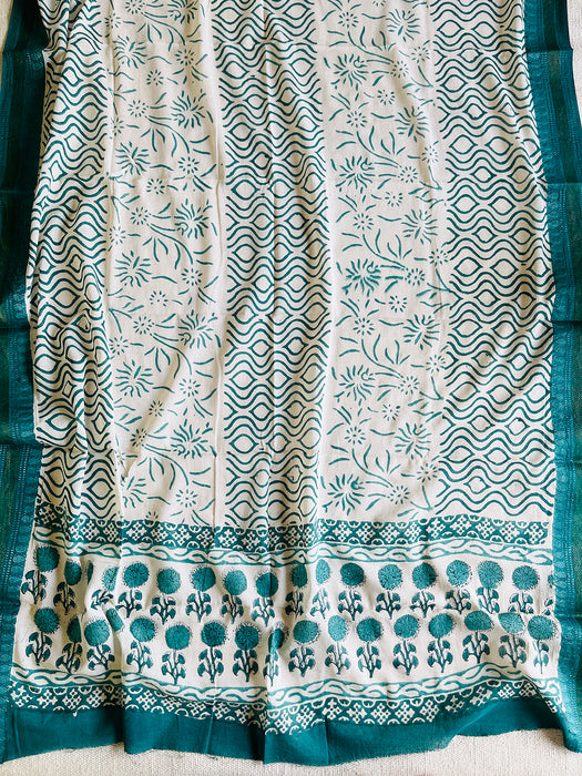 BLOCK PRINTED UNSTITCHED COTTON SUIT WITH RESHAM BORDER-TEAL