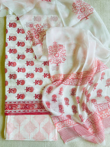UNSTITCHED COTTON SUIT OFF-WHITE & RED MUGHAL FLOWERS