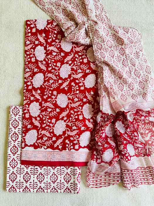 UNSTITCHED RED& WHITE COTTON SUIT