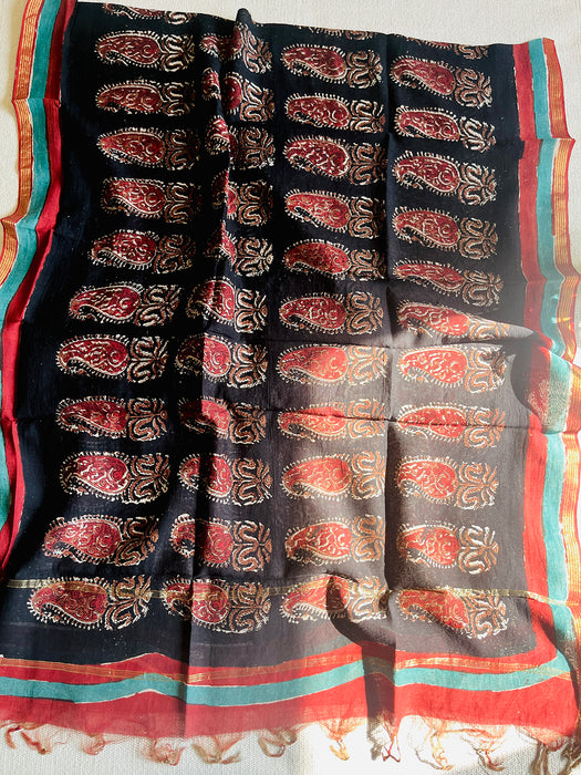 HAND BLOCK PRINTED PAISLEY BLACK CHANDERI DUPATTA