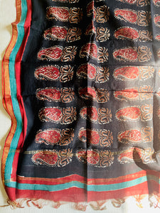 HAND BLOCK PRINTED PAISLEY BLACK CHANDERI DUPATTA