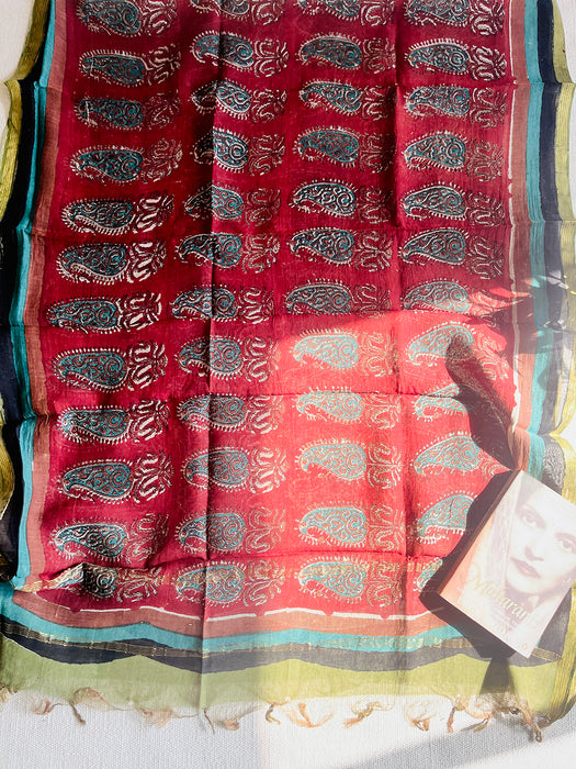 HAND BLOCK PRINTED PAISLEY EARTHY-RED CHANDERI DUPATTA