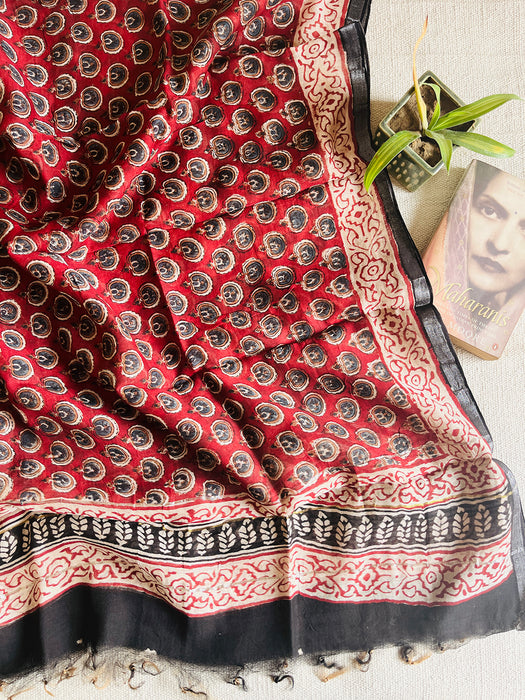 CHANDERI PASHMINA KALAMKARI ALLOVER BOOTI DUPATTA- GARNET