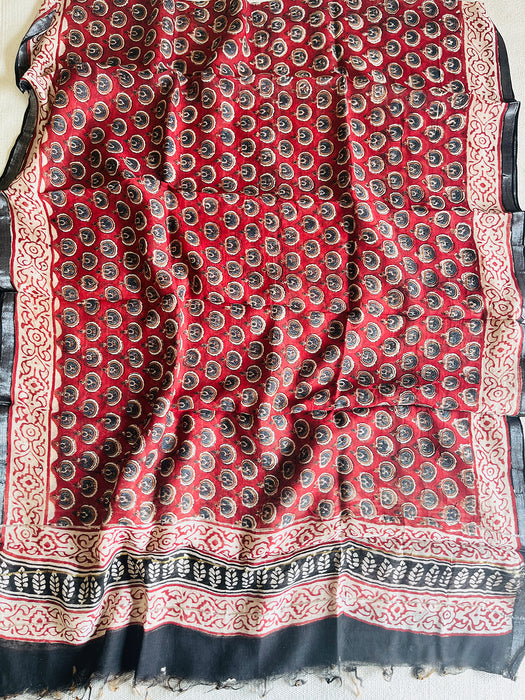 CHANDERI PASHMINA KALAMKARI ALLOVER BOOTI DUPATTA- GARNET