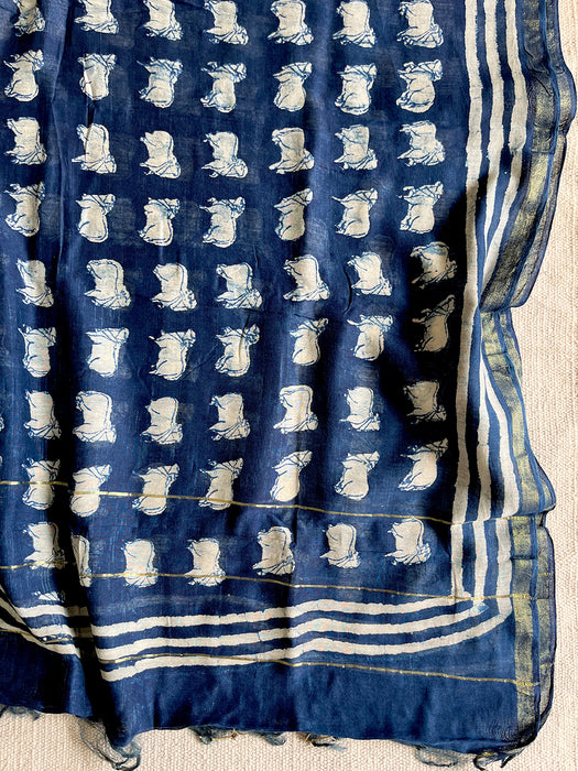 SMALL INDIGO COW CHANDERI SILK DUPATTA