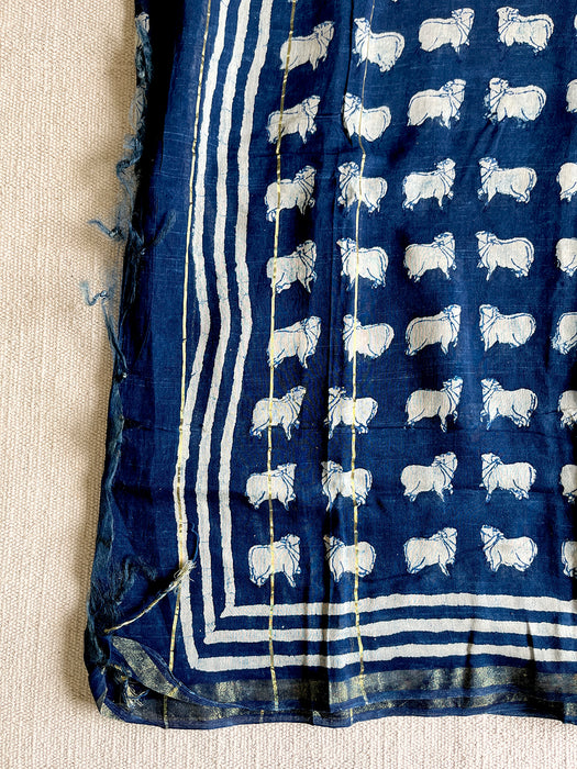 SMALL INDIGO COW CHANDERI SILK DUPATTA