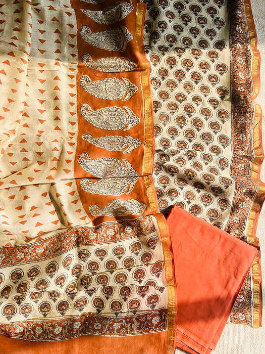 KALAMKARI ALLOVER BOOTIES CHANDERI UNSTITCHED SUIT SET- ORANGE