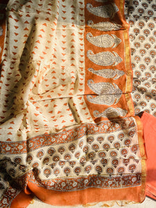 KALAMKARI ALLOVER BOOTIES CHANDERI UNSTITCHED SUIT SET- ORANGE