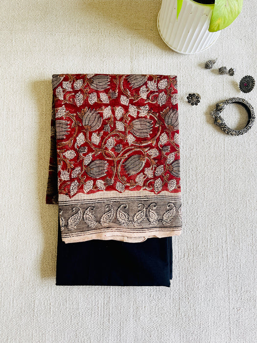 " KALAMKARI" DEEP-RED KOTA DORIA UNSTITCHED SUIT