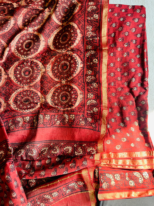 AJRAKH FLORAL BOOTIS CHANDERI UNSTITCHED SUIT- BRICK RED