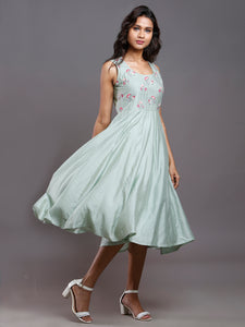 CHANDERI EMBROIDERED MIDI DRESS PASTEL GREEN